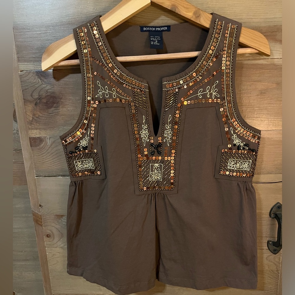 Boston Proper Brown Embellished Sleeveless Camisole